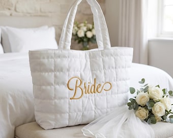 Personalized Bride Puffer Tote, Embroidered Quilted Wedding Day Bag, Bridal Morning Tote, Bachelorette Gift, Honeymoon Carryall