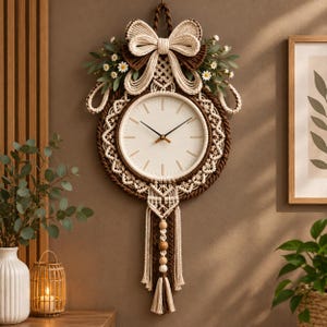 Könnte beinhalten: Eine runde Wanduhr mit cremefarbenem Zifferblatt und dünnen schwarzen Zeigern, umgeben von aufwendigen Makramee-Knoten in Dunkelbraun und Creme. Oben mit einer großen Makramee-Schleife, grünem Blattwerk und kleinen weißen Gänseblümchen verziert.