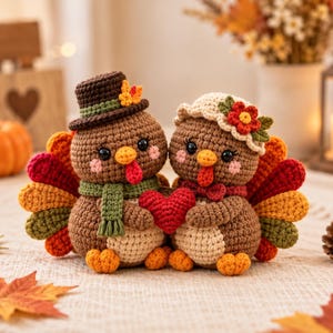May include: Two crocheted turkey figurines with brown bodies and cream-coloured bellies. One wears a brown hat with an orange leaf, the other a cream bonnet with a red flower. Both have colourful tail feathers and are holding a red heart together.