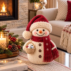 May include: A crocheted snowman figurine wearing a red hat with a cream-colored pom-pom and a matching red scarf with white snowflake embroidery. The snowman has three brown buttons on its front and holds a small tan basket filled with ornaments.