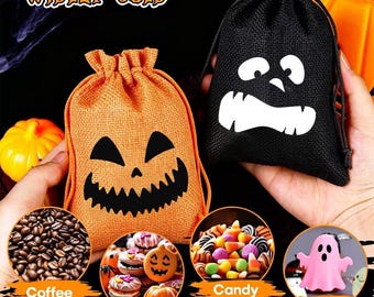 Halloween Burlap Drawstring Bags | Spooky Kids Trick or Treat Candy Pouches, Halloween Party Favor Bags