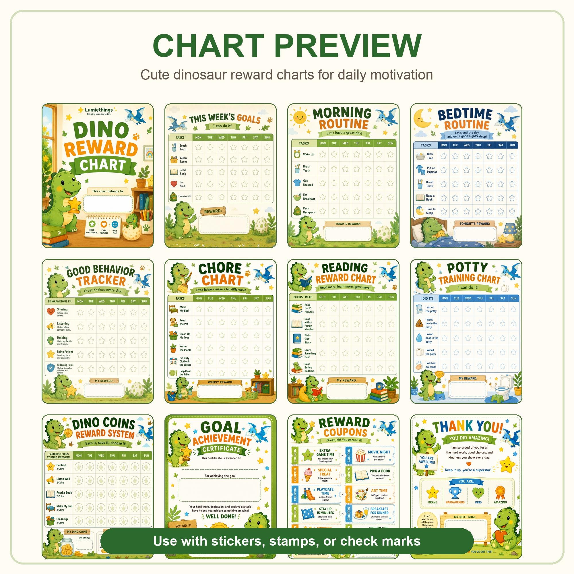 Dinosaur Reward Charts for Kids, Printable Behavior Chart Bundle (PDF ...