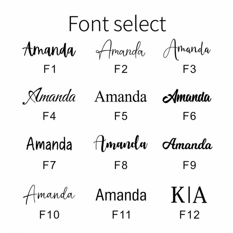 May include: A font selection chart titled Font select displaying twelve options labelled F1 through F12. Eleven options show the name Amanda in various black script and serif typefaces, while F12 displays the letters K|A in a bold serif font.