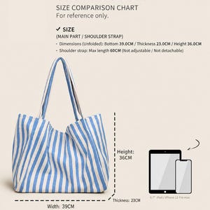 May include: A blue and white striped tote bag with two shoulder straps. The bag measures 39.0 cm in width, 23.0 cm in thickness, and 36.0 cm in height. The shoulder straps have a maximum length of 60 cm. The image includes a size comparison chart.