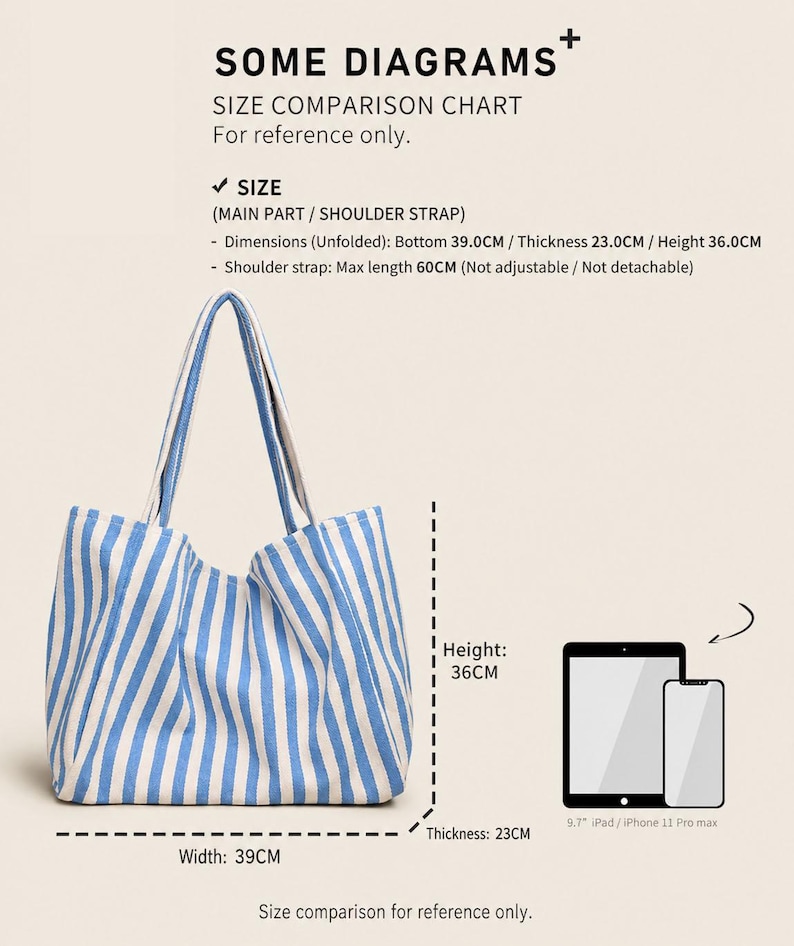 May include: A blue and white striped tote bag with two shoulder straps. The bag measures 39.0 cm in width, 23.0 cm in thickness, and 36.0 cm in height. The shoulder straps have a maximum length of 60 cm. The image includes a size comparison chart.