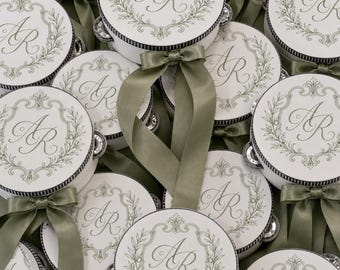 Tamburelli personalizzati per gli invitati al matrimonio, bomboniere personalizzate con monogramma (10 cm)