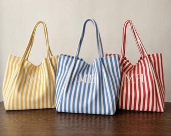 Bolso de lona a rayas personalizado, bordado de nombre personalizado, bolso de viaje de verano para la playa.