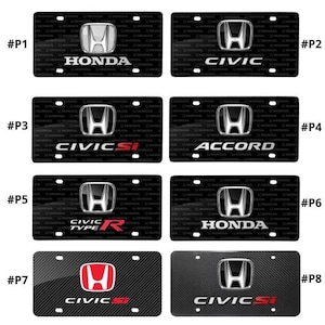 May include: License plates featuring the Honda logo and model names. Designs include "Honda," "Civic," "Civic Si," "Accord," "Civic Type R," and "Civic Si." The plates have a black background with a repeating Honda logo pattern.