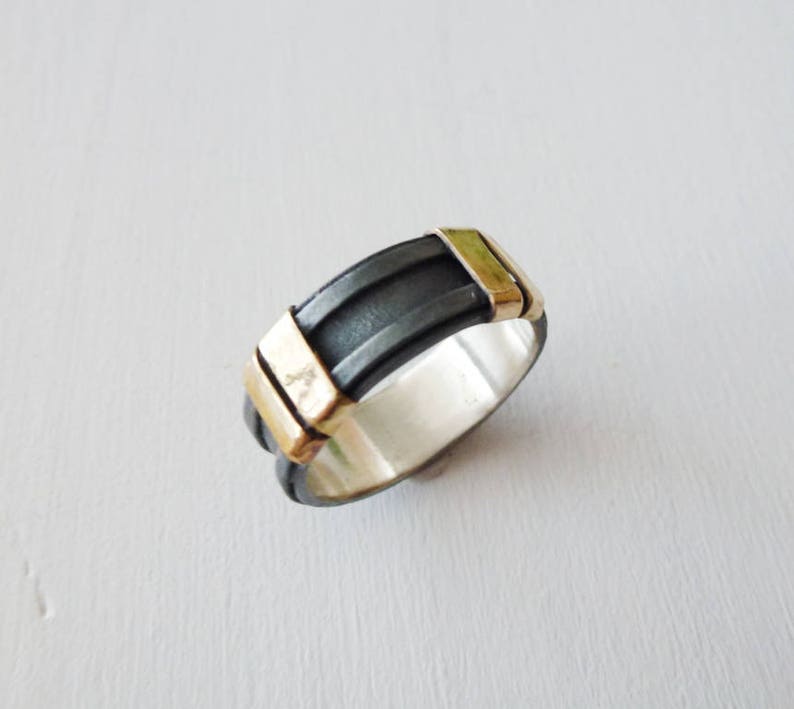 men women wedding ring Wedding bands Rustic set Oxidized bands Silver Wedding Ring Sterling Silver and 9K gold Double stripes Rings