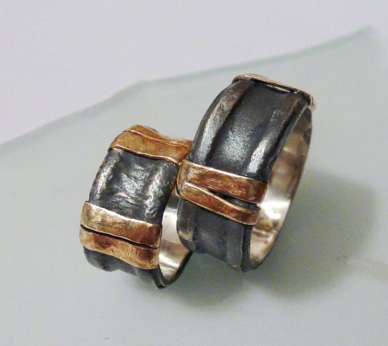 men women wedding ring Wedding bands Rustic set Oxidized bands Silver Wedding Ring Sterling Silver and 9K gold Double stripes Rings