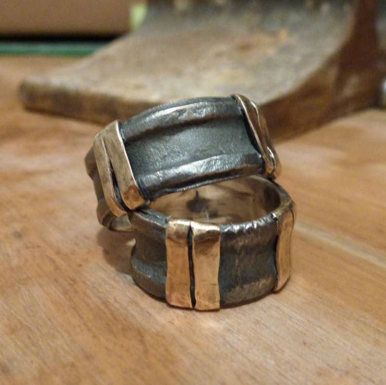 men women wedding ring Wedding bands Rustic set Oxidized bands Silver Wedding Ring Sterling Silver and 9K gold Double stripes Rings