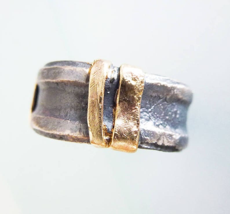 men women wedding ring Wedding bands Rustic set Oxidized bands Silver Wedding Ring Sterling Silver and 9K gold Double stripes Rings