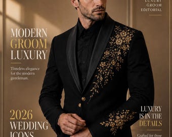 Black Embroidered Tuxedo Jacket | Gold Floral Groom Blazer, Satin Lapel