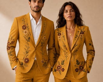 Matching Couple Embroidered Suits, Mustard Gold Floral His & Hers Wedding Outfits