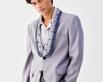 Hand-Embroidered Lavender Grey Suit – Blue Beaded Shawl Lapel, Cuffs, Trousers