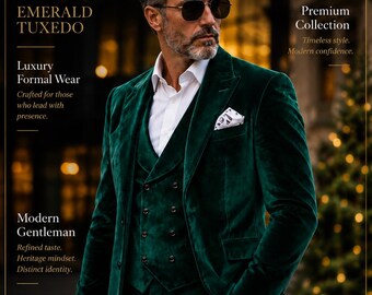 May include: A person wearing an emerald green velvet tuxedo jacket, matching vest, and trousers with a white dress shirt, a patterned pocket square, and dark sunglasses. The text reads MODGENTSTUDIO, VELVET, EMERALD TUXEDO, Premium Collection, and more.