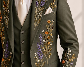 Men’s Autumn Wildflower Olive Green Floral Embroidered 3-Piece Suit, Botanical Wedding Groom Formalwear
