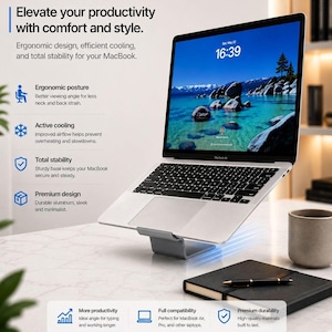 May include: A silver laptop computer is displayed open on a silver laptop stand. The screen shows a scenic lake view and the time 16:39. A black notebook, pen, and a ceramic mug are on the table. Text on the image promotes ergonomic design and productivity.