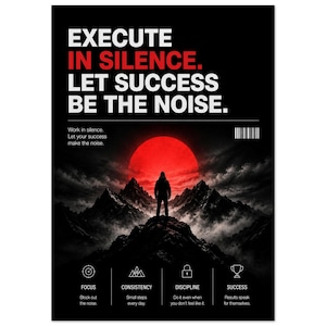 Op de afbeelding: Een zwarte poster met de tekst EXECUTE IN SILENCE. LET SUCCESS BE THE NOISE. Het silhouet van een persoon staat op een bergtop tegen een grote rode zon. Onderaan staan vier iconen met de labels FOCUS, CONSISTENCY, DISCIPLINE en SUCCESS.