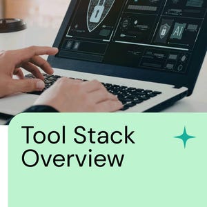 May include: A laptop displaying a security-themed interface with icons and data visualizations. The screen shows a lock icon within a shield. The text "Tool Stack Overview" is displayed below the laptop. The image is on a light green background.