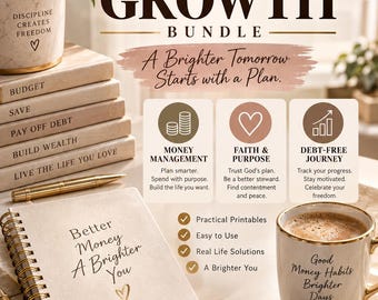 May include: A financial growth bundle featuring a spiral-bound planner with the text Better Money A Brighter You, a mug with Good Money Habits Brighter Days, a calculator, and a stack of books labeled Budget, Save, Pay Off Debt, and Build Wealth.