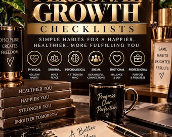 May include: A black and gold personal growth checklist set featuring a spiral-bound notebook with the text A Better You Starts Here, a mug with Progress Over Perfection, and stacked books labeled Healthier, Happier, Stronger, and Brighter You.