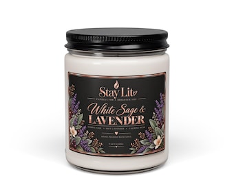 May include: A 9 oz candle in a clear glass jar with a black lid. The label is black with rose gold text reading Stay Lit, White Sage & Lavender, and Herbal Sage, Soft Lavender, Calming Musk. It features illustrations of lavender and white flowers.