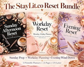 May include: Three printable planners titled The StayLit.co Reset Bundle, featuring Sunday Afternoon Reset, Workday Reset, and Evening Reset. Each planner cover displays a notebook, pen, coffee cup, and floral accents in black, pink, and lavender.