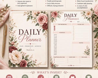 May include: A daily planner with a floral cover and interior page featuring sections for top priorities, a to-do list, a schedule from 6:00 AM to 9:00 PM, notes, gratitude, self-care, and daily wins, decorated with pink and burgundy roses.