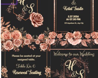 Puede incluir: Un conjunto de cuatro tarjetas de papelería de boda negras con bordes y detalles florales en oro rosa. El texto incluye Save The Date, Hannah Morales & Ketut Susilo, 5.27.2026, 125 Anywhere St., Any City, Table No. 6, Reserved Seating y Welcome to our Wedding.