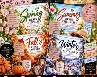 May include: A 4 Seasons Reset Checklist collection featuring four seasonal planners with floral, beach, autumn, and winter imagery. Each includes text like Spring, Summer, Fall, and Winter Reset Checklist, plus motivational quotes, icons, and StayLit.co branding.