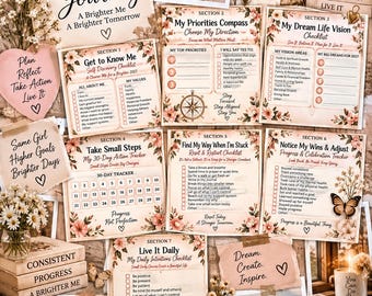 May include: A 2027 goal planner set featuring seven sections including a self-discovery checklist, priorities compass, dream life vision, 30-day action tracker, reset checklist, progress tracker, and daily intentions checklist with floral accents.