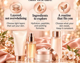 May include: An infographic titled Why Korean Skincare Stands Out featuring three circular icons with text about routines and ingredients. Below are a white tube, a glass pump bottle, a cream jar, and a clear bottle on a marble surface.