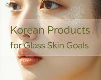 May include: A profile view of a face with luminous, dewy skin, featuring the text 'Korean Products for Glass Skin Goals' overlaid in the center. Small white flowers with yellow centers are positioned in the top right and bottom left corners.