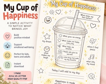 My Cup of Happiness Printable Arbeitsblatt, Selbstfürsorge Journal Seite, Psychische Gesundheit Aktivität, Positives Denken PDF Download