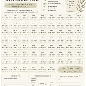 May include: A 75 Soft Challenge tracker sheet in cream with olive green text and accents. It features a daily checklist for 75 days, a rules section, a progress tracker with two human outlines, a 'My Why' section, and a 'Remember' note.
