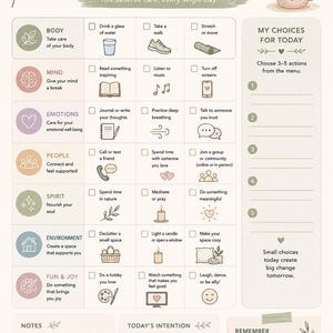 May include: A Self-Care Menu checklist featuring categories for body, mind, emotions, people, spirit, environment, and fun. It includes checkboxes for daily activities, a section for daily choices, notes, intentions, and the text: Self-care is not selfish.