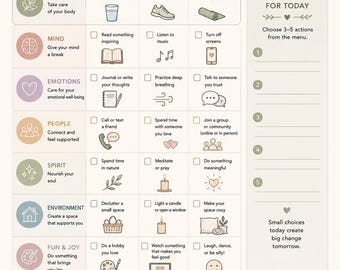 May include: A Self-Care Menu checklist featuring categories for body, mind, emotions, people, spirit, environment, and fun. It includes checkboxes for daily activities, a section for daily choices, notes, intentions, and the text: Self-care is not selfish.