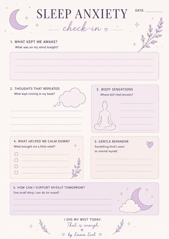 Sleep Anxiety Check-In Printable | Night Anxiety Journal | Calming Worksheet | Mental Health Planner PDF