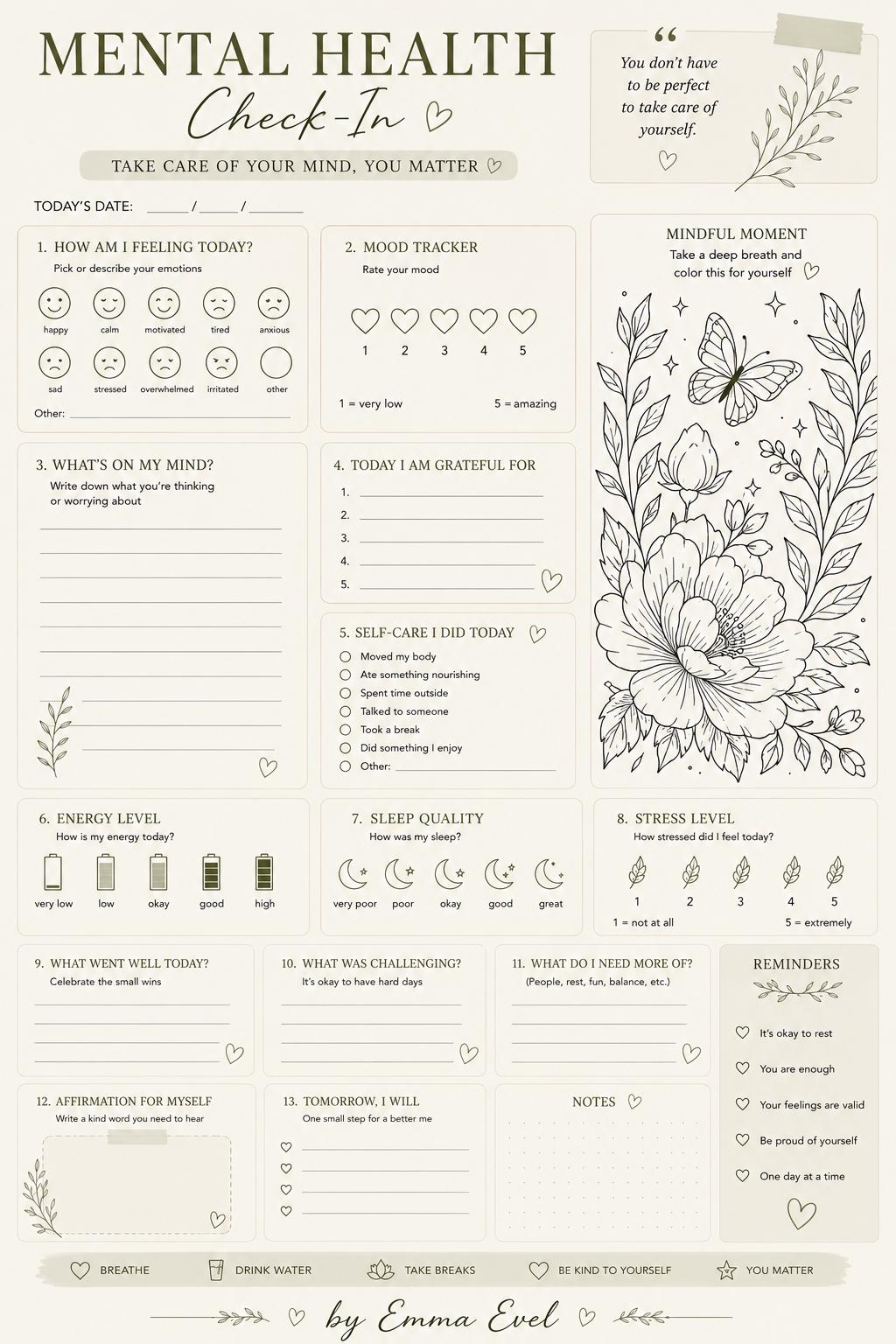 Mental Health Journal Printable Self Care Planner Wellness Tracker Anxiety & Mood Journal PDF
