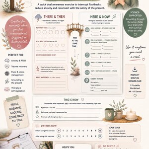 May include: A printable mental health worksheet titled When the Past Pulls You Back, This Exercise Brings You Back to Now. It features sections for grounding techniques, sensory awareness prompts, distress scales, and instructions for emotional regulation.