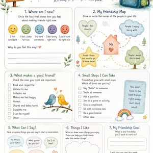 May include: A My Friendship Map activity sheet featuring seven sections with prompts, checkboxes, and illustrations of a blue backpack, birds, and a rainbow. The text includes My Friendship Map, Building friendships step by step, and It's okay to go at your own pace.