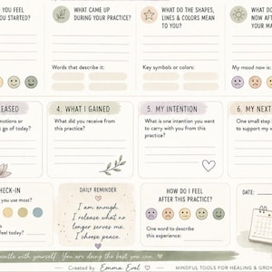 Puede incluir: Una p&aacute;gina de diario de atenci&oacute;n plena con indicaciones para la reflexi&oacute;n, seguimiento del estado de &aacute;nimo con iconos de colores y una secci&oacute;n de recordatorio diario con el texto 'I am enough. I release what no longer serves me. I choose peace.'