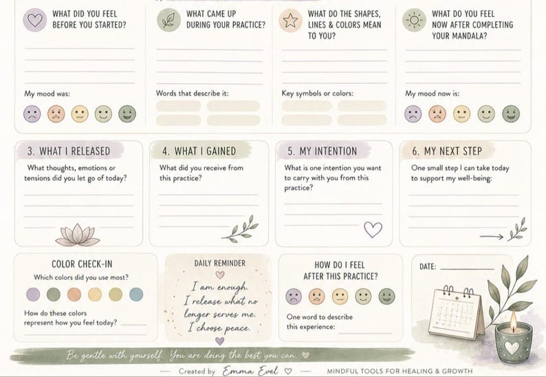 Puede incluir: Una p&aacute;gina de diario de atenci&oacute;n plena con indicaciones para la reflexi&oacute;n, seguimiento del estado de &aacute;nimo con iconos de colores y una secci&oacute;n de recordatorio diario con el texto 'I am enough. I release what no longer serves me. I choose peace.'