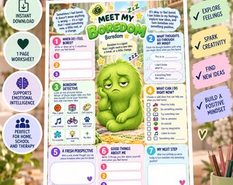 Arbeitsblatt gegen Langeweile für Kinder, Aktivität zur Förderung sozialer und emotionaler Kompetenzen, Bewältigungsstrategien für Kinder, Emotionsregulation, druckbare Vorlage für Kindertherapie