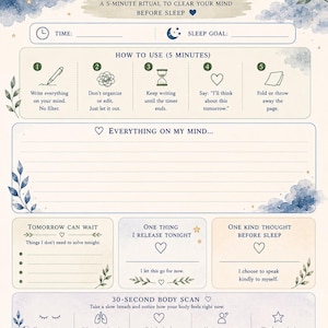 May include: A printable Evening Mind Reset planner page with a cream background, blue watercolour clouds, stars, and a crescent moon. It features sections for a 5-minute ritual, a lined space for thoughts, a body scan guide, and a night checklist.