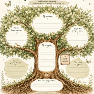 以下が含まれることがあります： 緑の葉と茶色の根を持つ大きな木が描かれた「My Tree of Calm」ワークシート。My dreams、My strengths、People I can count onといったテキストプロンプトと、書き込み用の空白行が含まれています。小さな蝶や鳥がページを飾っています。