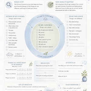 May include: A printable worksheet titled The Circle of Control featuring sections for reflection, action planning, and daily reminders. The layout includes a central diagram with categories for things within control, influence, and outside of control.