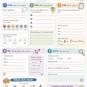 May include: A printable worksheet titled My Problem Solver for ages 10-12, featuring sections to think, plan, and try solutions. It includes prompts for identifying problems, listing choices, creating action plans, reviewing outcomes, and a toolbox of coping strategies.