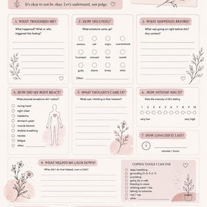 Pode incluir: Uma folha de trabalho Trigger Tracker bege com ilustrações florais e detalhes em rosa. Inclui dez seções numeradas para reflexão emocional, um diagrama corporal para reações físicas, ferramentas de enfrentamento e lembretes.